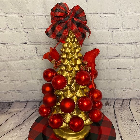 Christmas Gold Cardinal Bird Tree Center Piece Decor RED BUFFALO PLAID - Picture 4 of 6